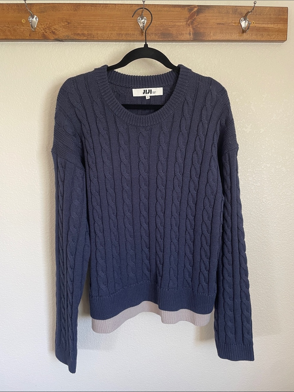 Navy Blue Wool Blend Chunky Cable Knit Crewneck Sweater M Fisherman Relaxed